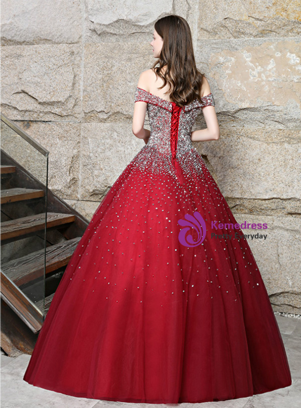 Burgundy Ball Gown Tulle Off The Shoulder With Sequins Quinceanera Dresses