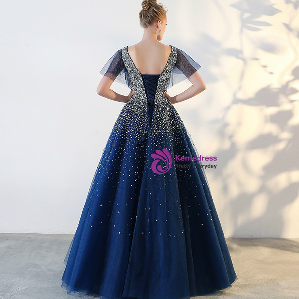 Navy Blue Tulle V-neck Backless With Sequins Quinceanera Dresses