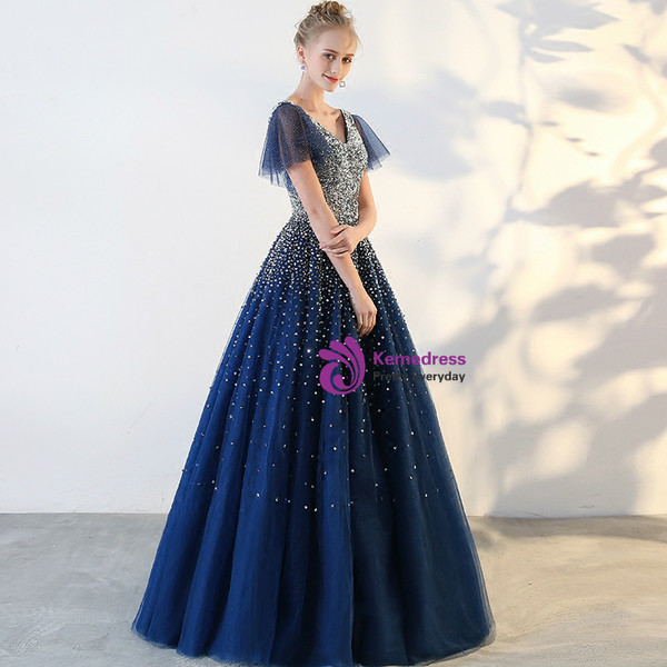 Navy Blue Tulle V-neck Backless With Sequins Quinceanera Dresses