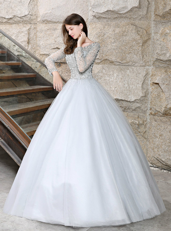 Silver Gray Tulle Long Sleeve Backless Quinceanera Dresses With Sequins