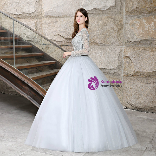 Silver Gray Tulle Long Sleeve Backless Quinceanera Dresses With Sequins