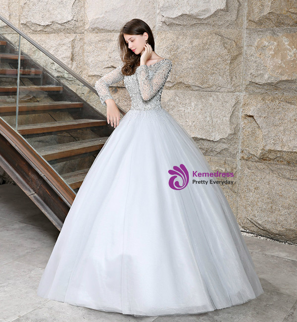 Silver Gray Tulle Long Sleeve Backless Quinceanera Dresses With Sequins