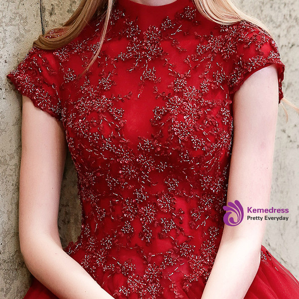 Red Ball Gown High Neck Backless Appliques Quinceanera Dresses