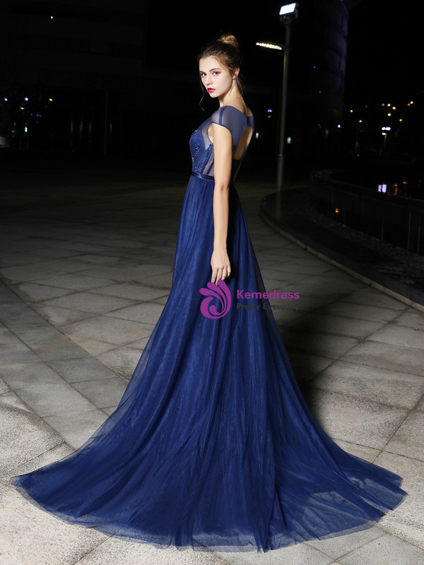 Navy Blue Tulle Mermaid Cap Sleeve With Beading Prom Dress