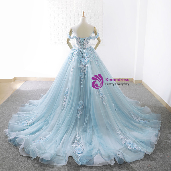 Blue Ball Gown Tulle Off The Shoulder Appliques Wedding Dress