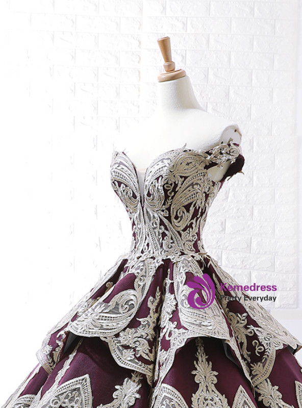 Purple Ball Gown Appliques Off The Shoulder Wedding Dress