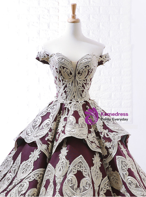 Purple Ball Gown Appliques Off The Shoulder Wedding Dress