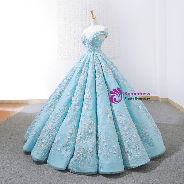 Blue Ball Gown Off The Shoulder Appliques Haute Couture Wedding Dress