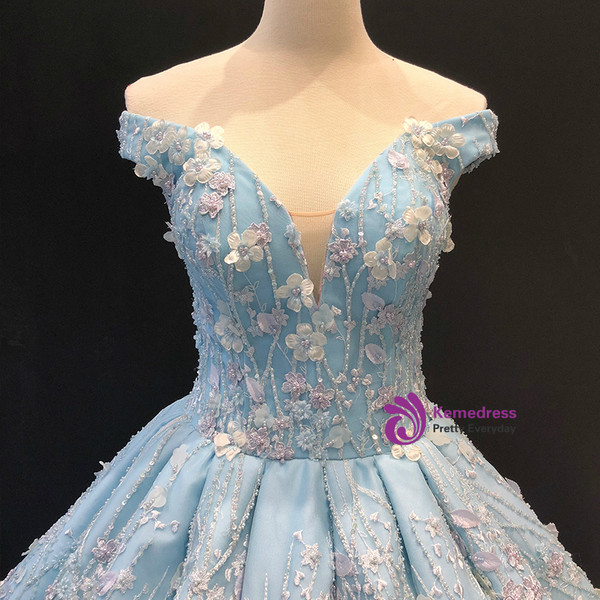 Blue Ball Gown Off The Shoulder Appliques Haute Couture Wedding Dress