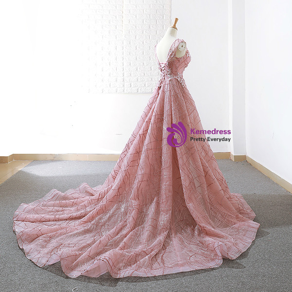 A-Line Pink Sequins V-neck Backless Appliques Wedding Dress