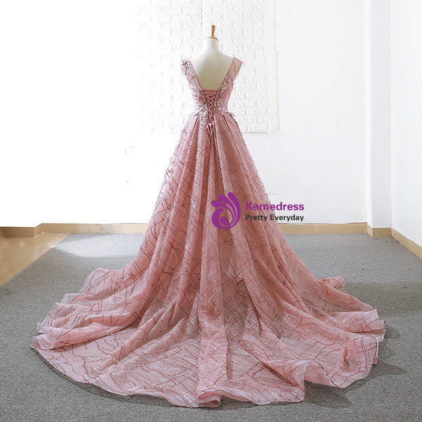 A-Line Pink Sequins V-neck Backless Appliques Wedding Dress