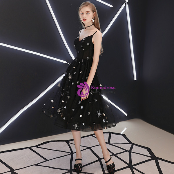 In Stock:Ship in 48 Hours Black Tulle Spaghetti Straps Prom Dress
