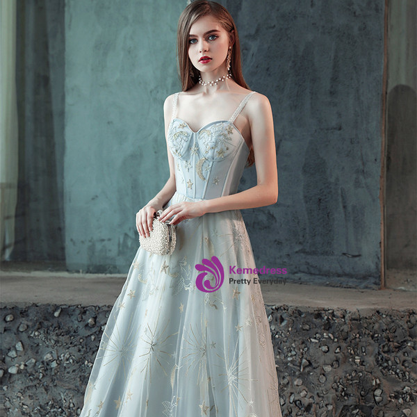 In Stock:Ship in 48 Hours Gray Tulle Sequins Straps Prom Dress