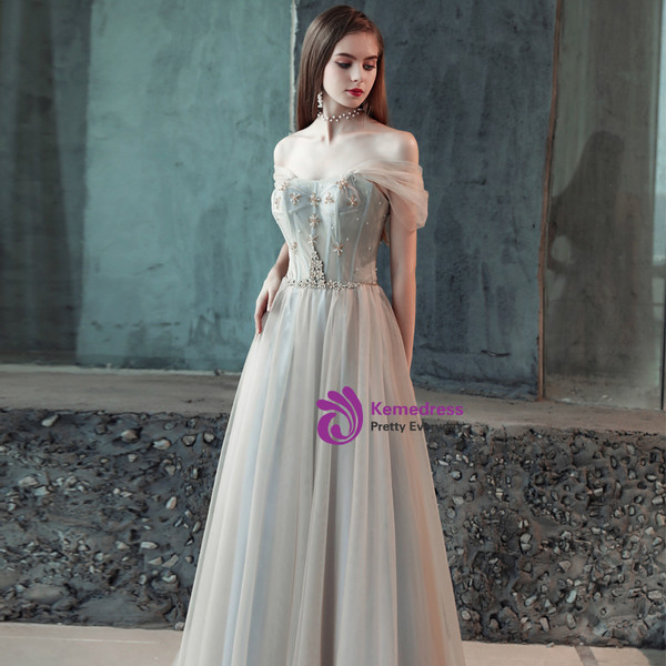 In Stock:Ship in 48 Hours Gray Tulle Straps With Beading Prom Dress