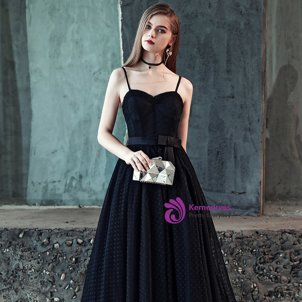 In Stock:Ship in 48 Hours Black Spaghetti Straps Prom Dress With Sash