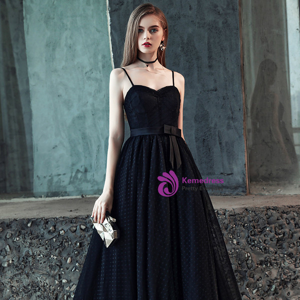 In Stock:Ship in 48 Hours Black Spaghetti Straps Prom Dress With Sash