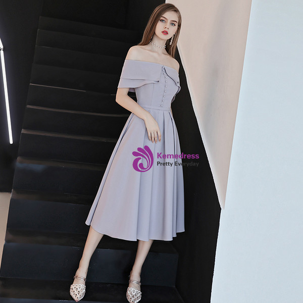 In Stock:Ship in 48 Hours Silver Gray Off The Shoulder Prom Dress