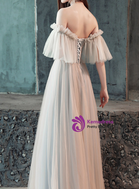 In Stock:Ship in 48 Hours Gray Tulle Off The Shoulder Prom Dress