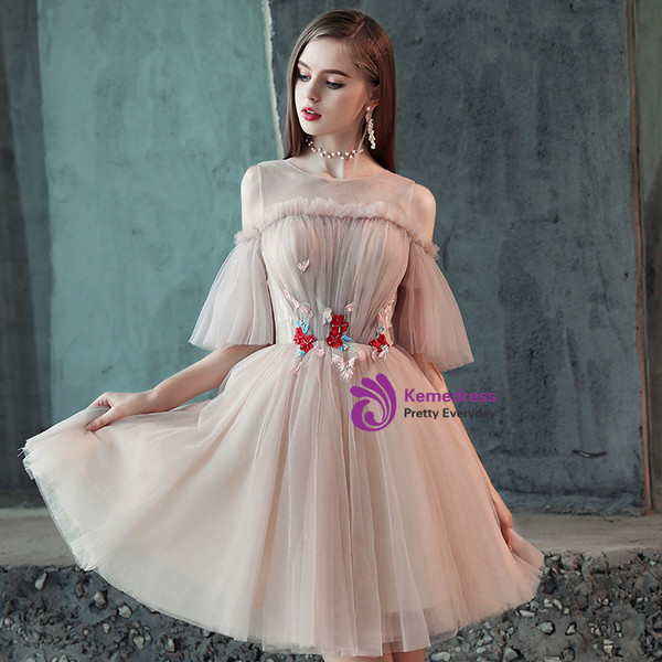 In Stock:Ship in 48 Hours Pink Tulle Appliques Short Homecoming Dress