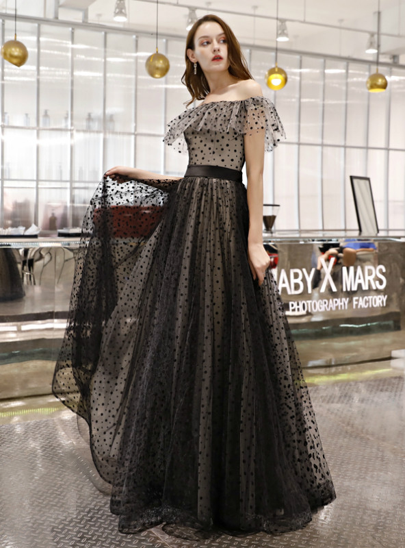 In Stock:Ship in 48 Hours Black Wave Point Off The Shoulder Prom Dress
