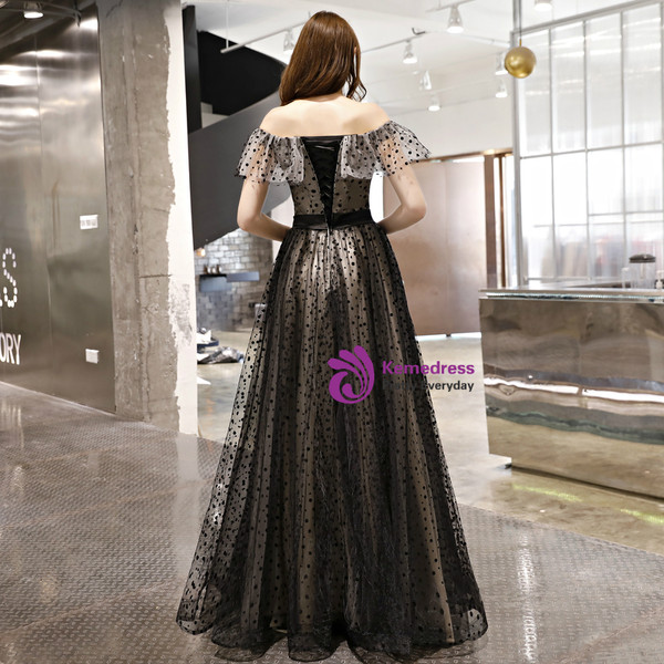 In Stock:Ship in 48 Hours Black Wave Point Off The Shoulder Prom Dress