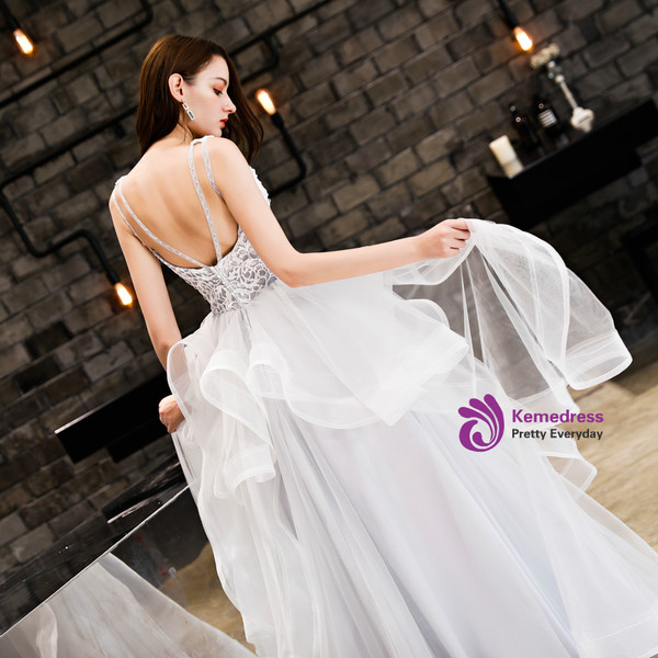 In Stock:Ship in 48 Hours Silver Gray Tulle Lace Backless Prom Dress