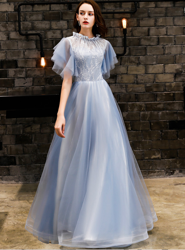 In Stock:Ship in 48 Hours Blue Tulle Lace High Neck Prom Dress