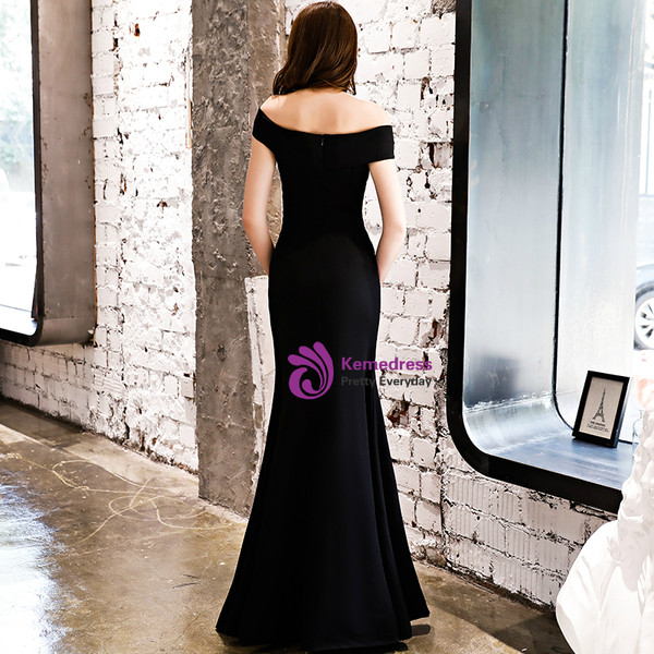 In Stock:Ship in 48 Hours Black Mermaid Satin Off The Shoulder Prom Dress