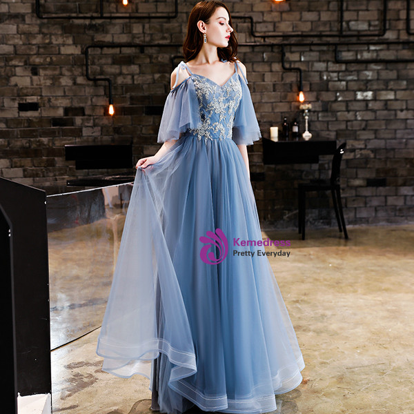 In Stock:Ship in 48 Hours Blue Tulle Spaghetti Straps Prom Dress