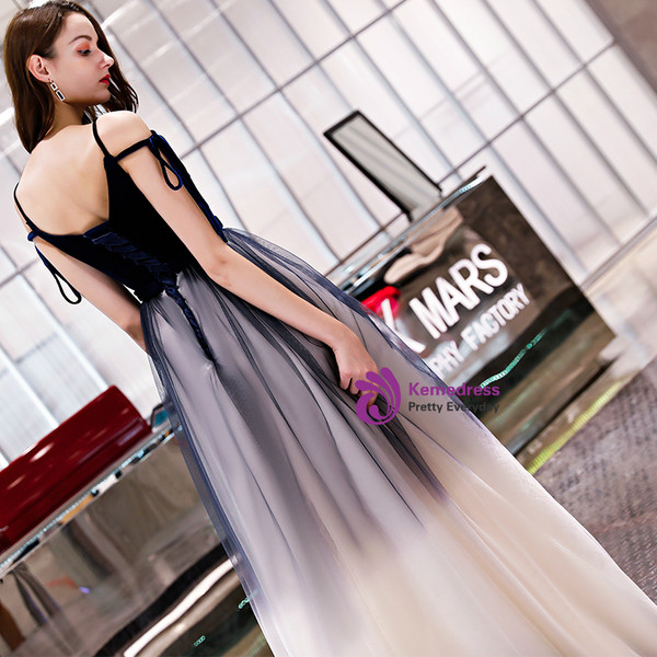 In Stock:Ship in 48 Hours Navy Blue And White Tulle V-neck Prom Dress