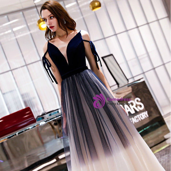 In Stock:Ship in 48 Hours Navy Blue And White Tulle V-neck Prom Dress
