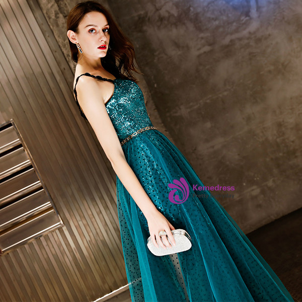 In Stock:Ship in 48 Hours  Green Spaghetti Straps Sequins Prom Dress