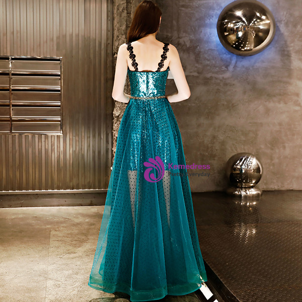 In Stock:Ship in 48 Hours  Green Spaghetti Straps Sequins Prom Dress