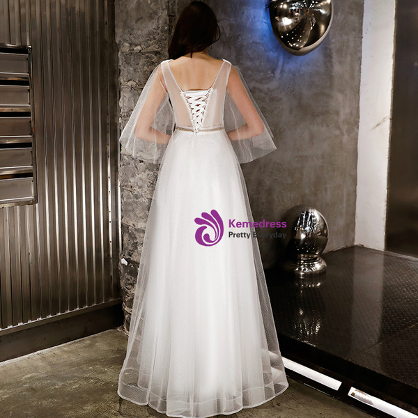 In Stock:Ship in 48 Hours White Tulle V-neck Long Prom Dress
