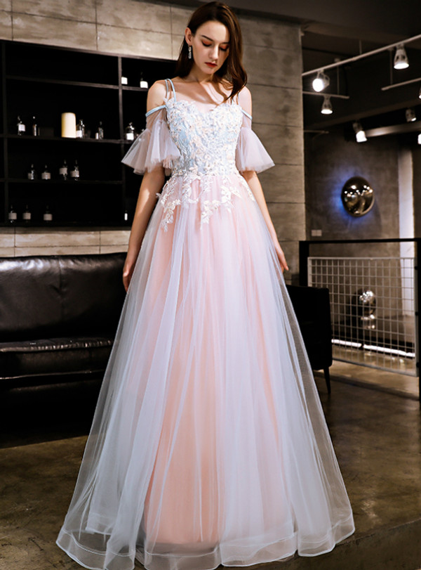 In Stock:Ship in 48 Hours Pink Tulle Spaghetti Straps Prom Dress