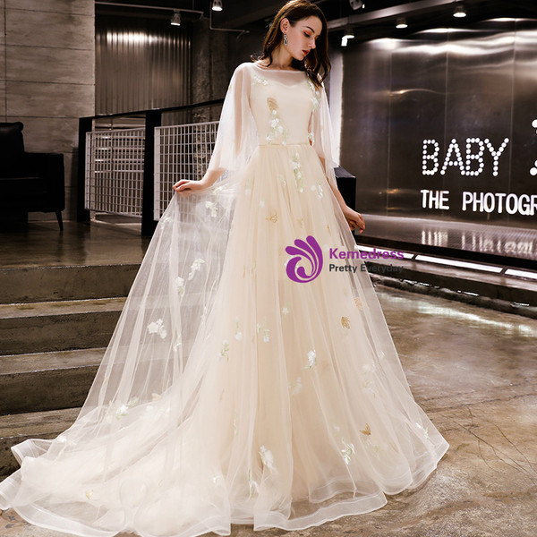 In Stock:Ship in 48 Hours Champagne Tulle Appliques Backless Prom Dress