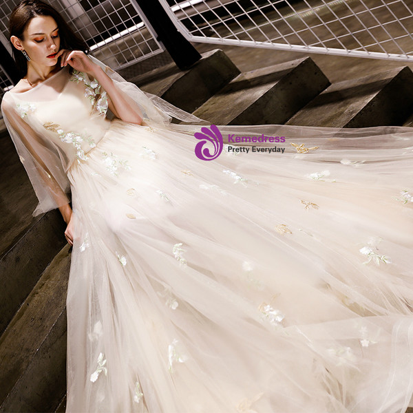 In Stock:Ship in 48 Hours Champagne Tulle Appliques Backless Prom Dress