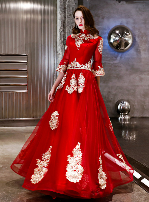 In Stock:Ship in 48 Hours Red Tulle Appliques Long Sleeve Prom Dress