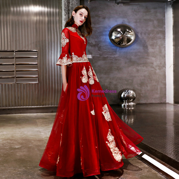 In Stock:Ship in 48 Hours Red Tulle Appliques Long Sleeve Prom Dress