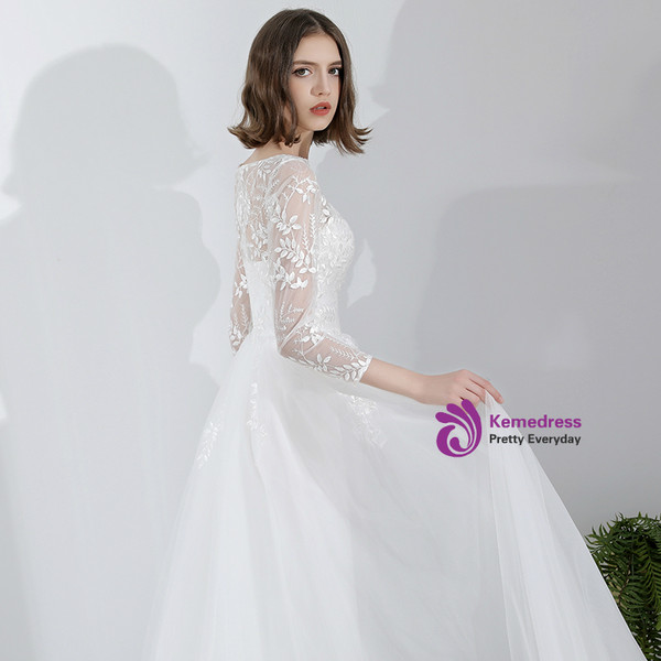 In Stock:Ship in 48 Hours White Lace Tulle 3/4 Sleeve Weddign Dress