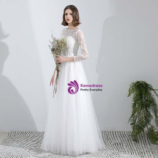 In Stock:Ship in 48 Hours White Lace Tulle 3/4 Sleeve Weddign Dress