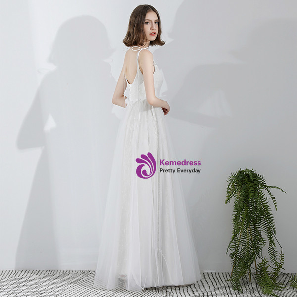 In Stock:Ship in 48 Hours White Tulle Spaghetti Straps Beach Wedding Dress