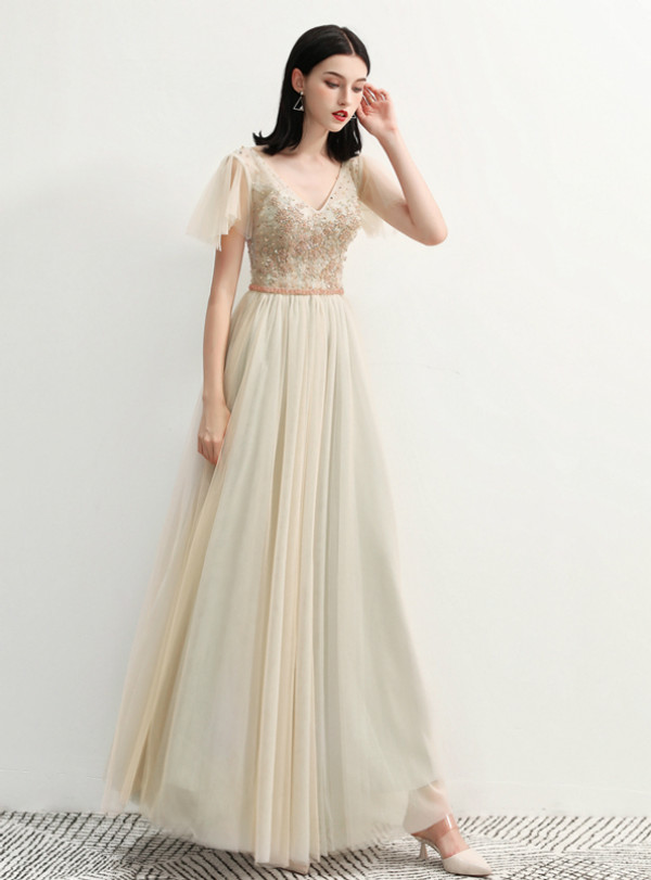In Stock:Ship in 48 Hours Champagne V-neck Tulle Prom Dress