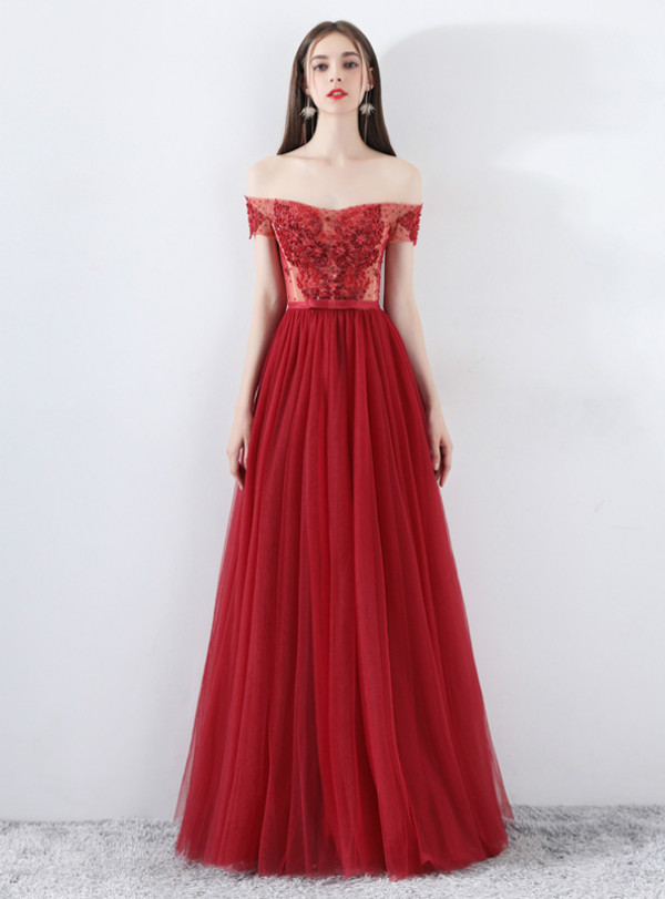 In Stock:Ship in 48 Hours Burgundy Tulle Off Shoulder Appliques Prom Dress