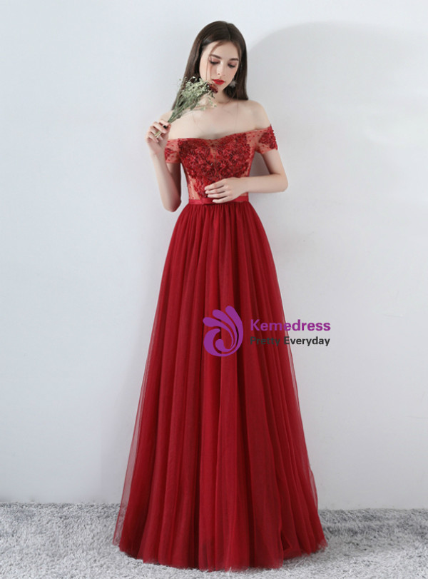 In Stock:Ship in 48 Hours Burgundy Tulle Off Shoulder Appliques Prom Dress