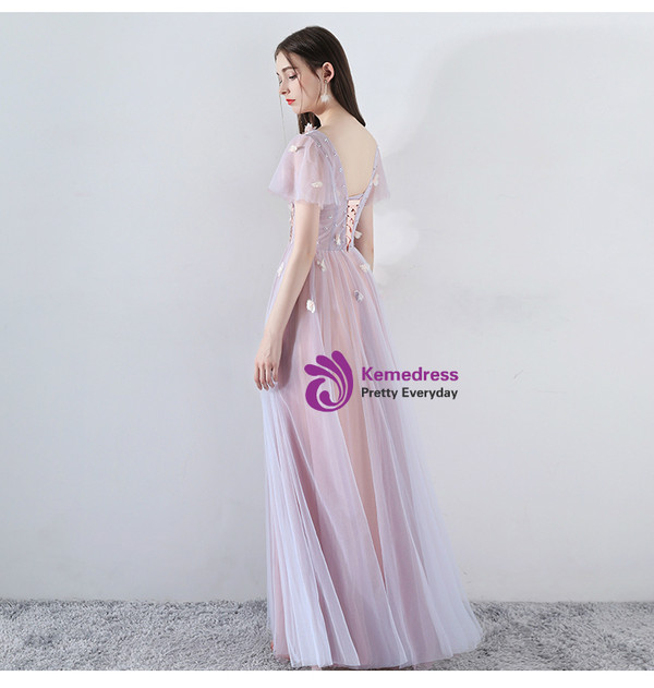 In Stock:Ship in 48 Hours Pink Tulle V-neck Appliques Prom Dress