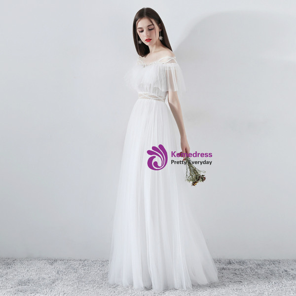 In Stock:Ship in 48 Hours White Tulle Off The Shoulder Long Wedding Dress