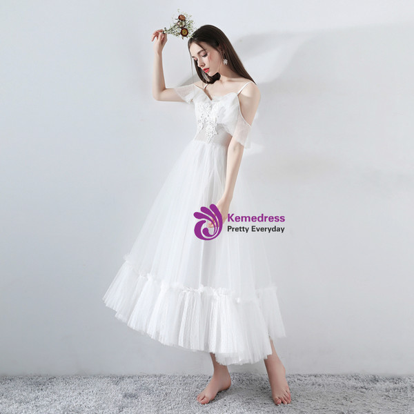 In Stock:Ship in 48 Hours White Spaghetti Straps Tulle Weddign Dress