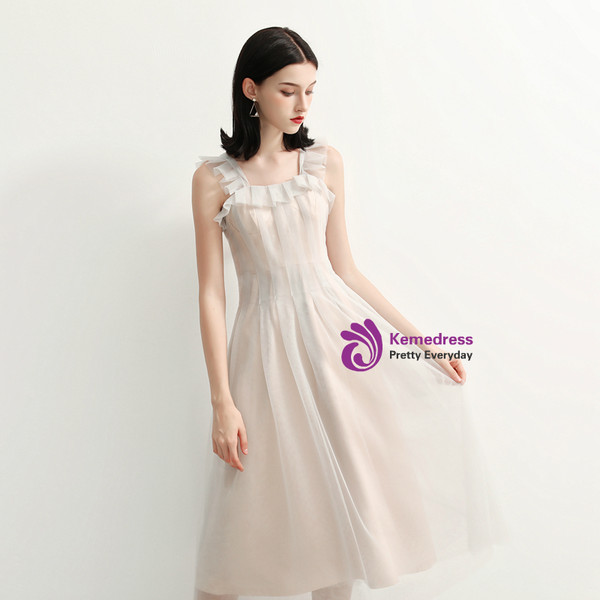 In Stock:Ship in 48 Hours Champagne Straps Tulle Short Prom Dress