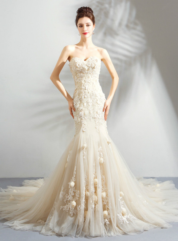In Stock:Ship in 48 Hours Champagne Mermaid Appliques Wedding Dress